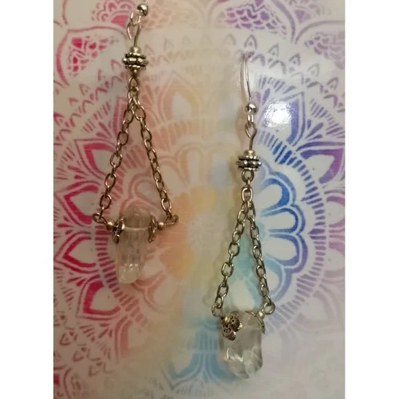 TINY QUARTZ POINTS EARRINGS, SILVERY ACCENTS - Picture 2 of 7